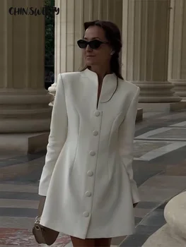 Abito da donna a vita chiusa con scollo a V manica lunga con bottoni Solid Lady A-Line Dresess 2025 Autunno elegante capispalla femminile 1