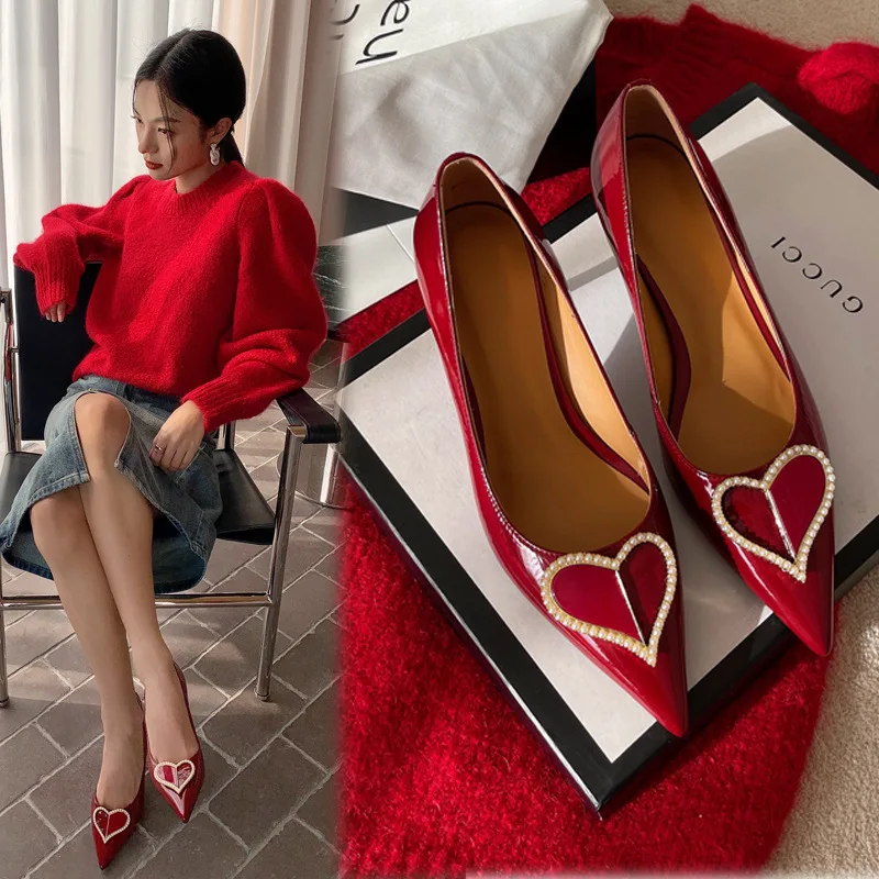 

2023 Spring Fashion 5.5Cm Stiletto High Heels Pearl Apricot Claret Pumps Pointed Toe Sheepskin Pumps Female Heart Pattern Shoes