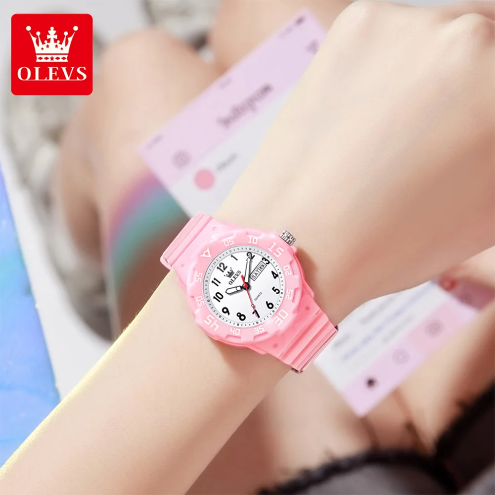 OLEVS 5659 Women Quartz Watch Fashion Dual Calendar Waterproof Watch For Women Number Scale Student Wristwatch Silicone Strap