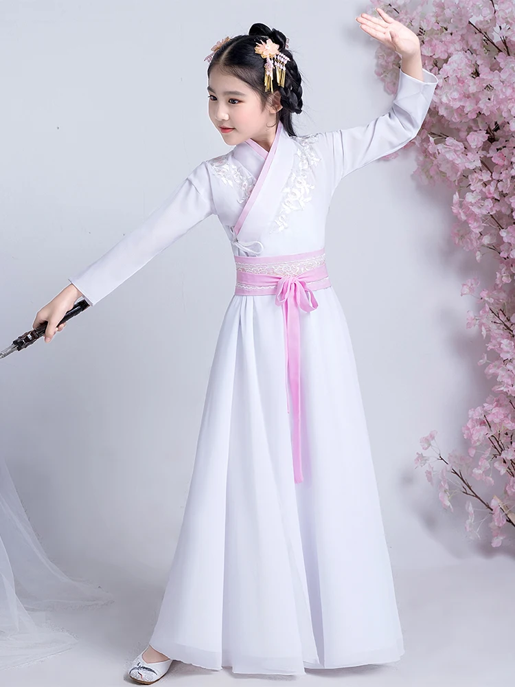 Girls' Hanfu ancient clothing Children's spring style little girl antique white chiffon dress telado duo sauce dressing house antique princess wearing diy character girl children s handbook sticker decal