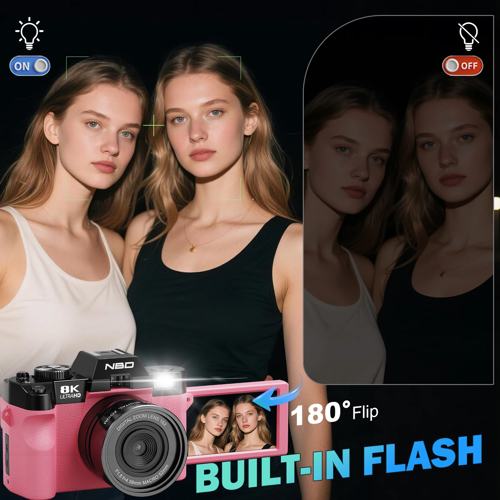 NBD 64MP&8K 비디오/브이로그 촬영 디지털 카메라 핑크 바디, 앱 컨트롤, 자동 초점, 여행용 카메라, 초보자, 소녀들을 위한 선물