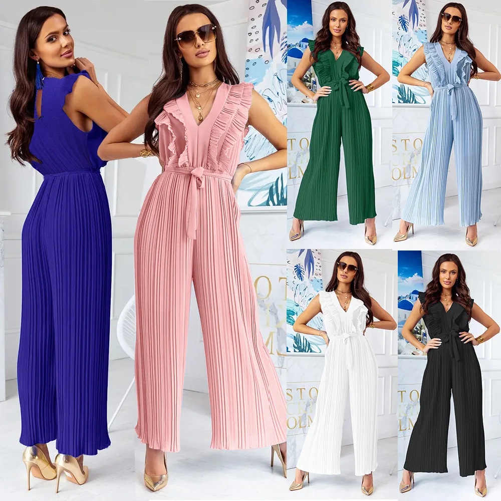 

Women Summer V-neck Long Jumpsuits and Rompers High Waist Pleated Slim Wide Leg Elegant Playsuits