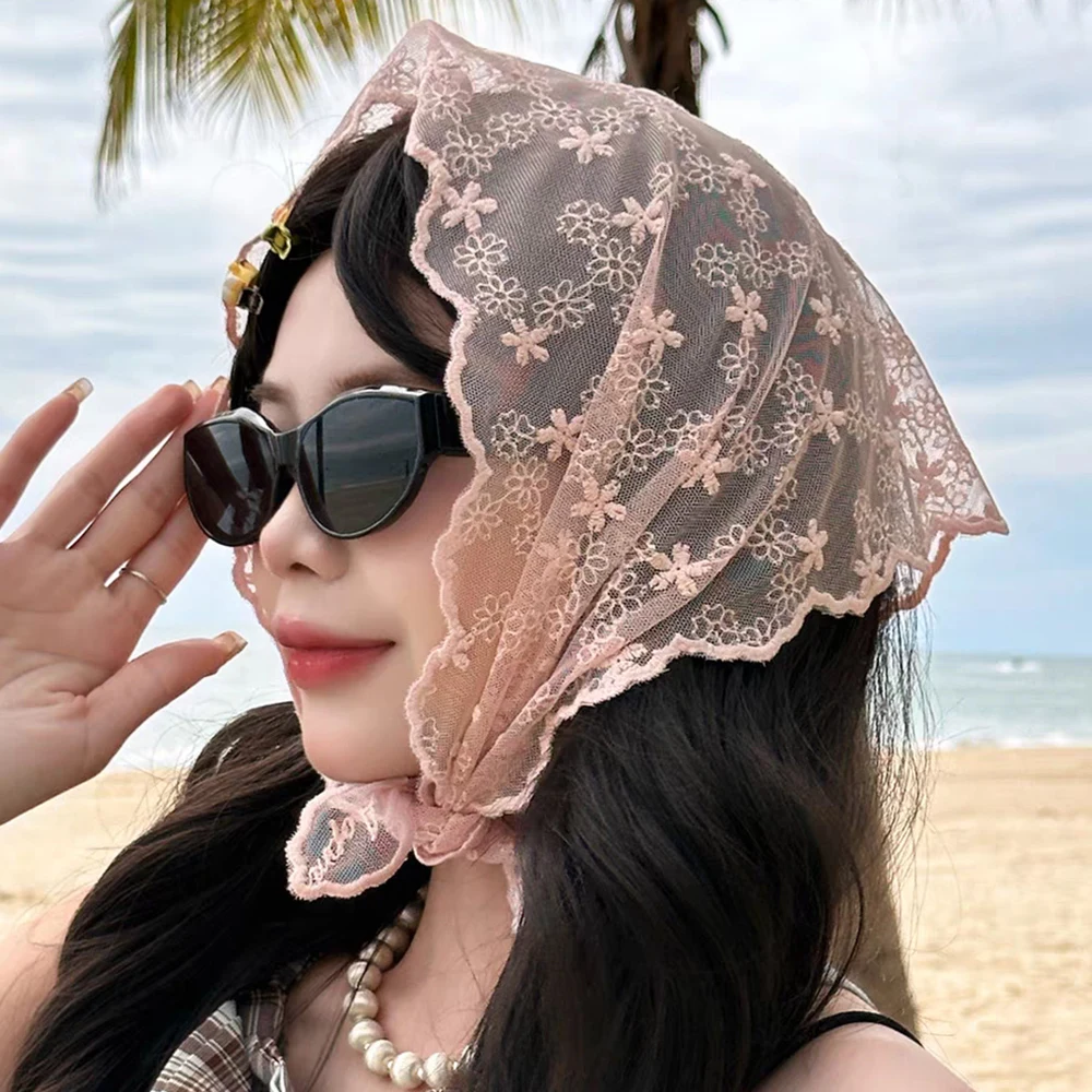 

Lace Triangle Scarf Sunscreen Silk Scarf Vintage Lady Wrist Hair Tie Sweet Flower Neck Scarf Girls Women Hair Accessories Summer
