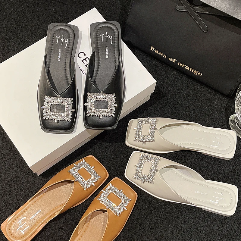 

Square Toes Ladies Slippers 2023 Spring Summer New High-heeled Mules Shoes Rhinestone Square Buckle Fashion Dress sexy Sandals