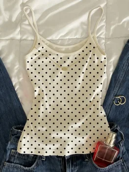 Top Corto da Donna a Pois, Canotta Estiva Casual Slim Fit Senza Maniche Bianca Basic Y2K