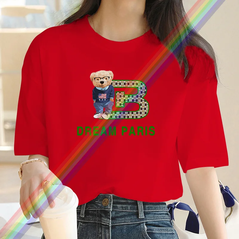 New fashion cartoon letter Bear print women's T-shirt street wear large casual Y2K cotton top summer women's short sleeve