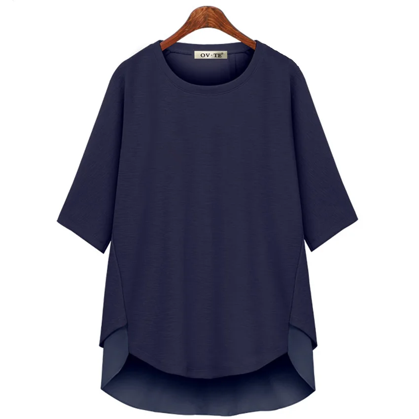 Spring Autumn Irregular Female Clothes Half Sleeve O-neck Long Loose Chiffon Patchwork Knitted Shirts Women's Blouses Wholesale