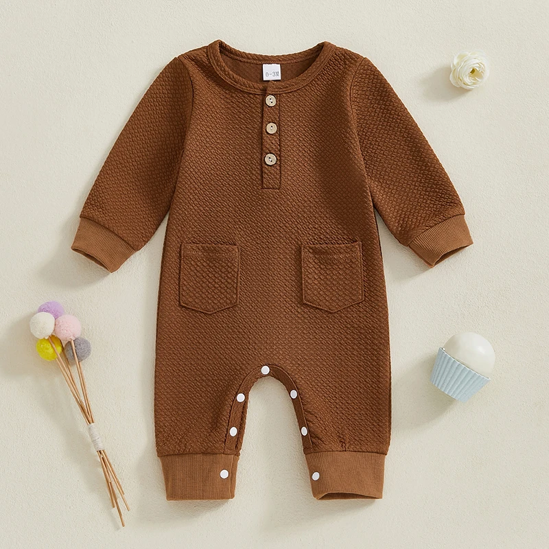 -11-28 Lioraitiin 0-18M Toddler Baby Girls Boys Rompers Solid Color Buttons O-Neck Long Sleeve Spring Jumpsuits