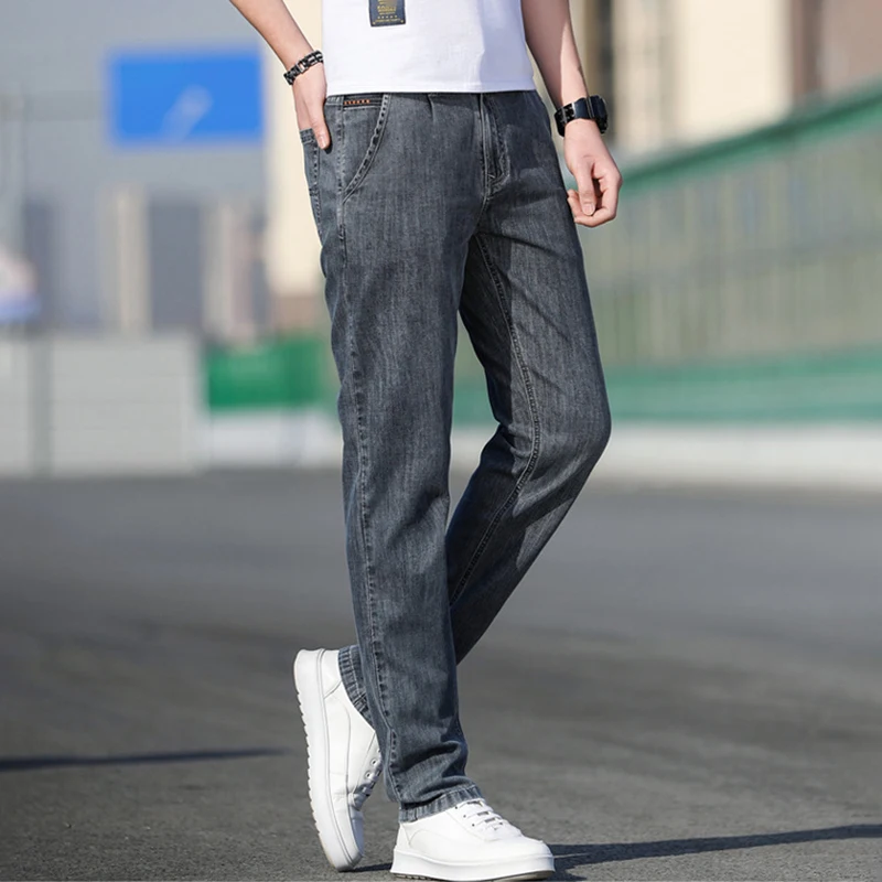 

2023 Summer New Men's Loose Stretch Gray Jeans Fashion Casual Stretch Straight-leg Denim Pants Male Light Blue Brand