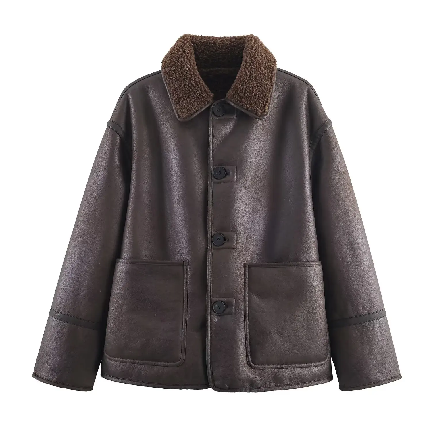 Women Warm Jacket - Casual Streetwear Single Breasted Lapel Collar Coat With Button Decoration