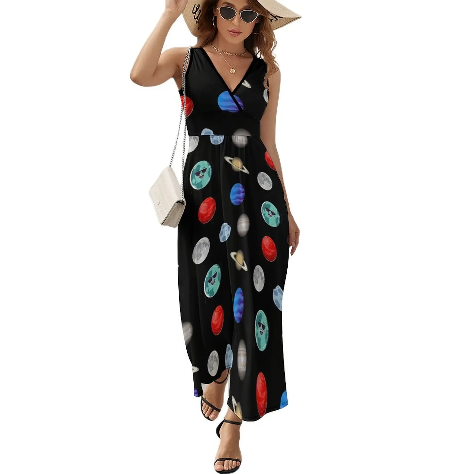 

Space System Dress Colorful Planets Vintage Maxi Dress V Neck Custom Boho Beach Long Dresses Street Fashion Oversize Vestido