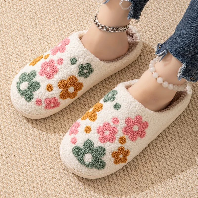 Fashion Flowers Pretty Bow Bear Women Slippers Autumn Winter Men Home Cute Cartoon Plush Sandals Couple Warm Cotton Flat Shoes 2
