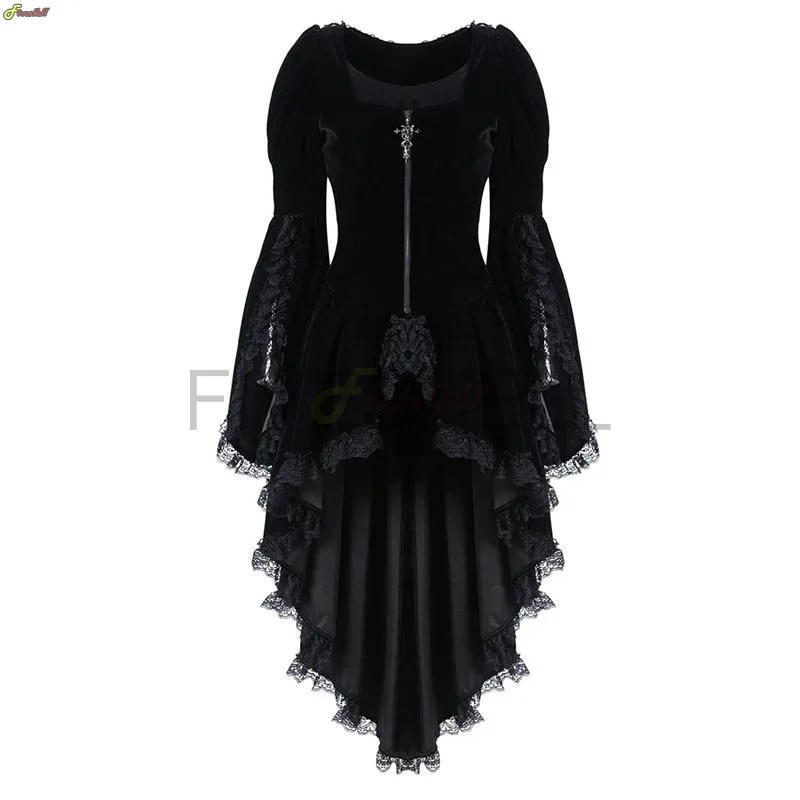 

Women Gothic Costume Long Sleeve Lace Stitching Velvet Tuxedo Jacket Medieval Aristocratic Ladies Vampire Dress Lolita Cosplay