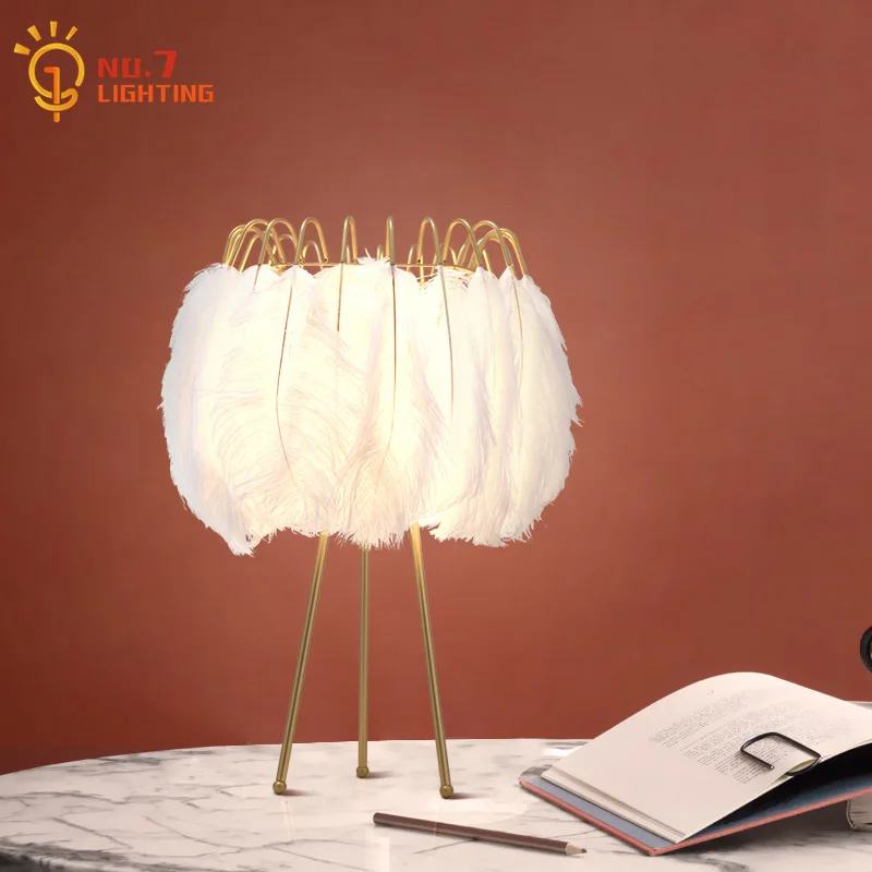 

Nordic Romantic Warm Feather Table Lamp Individual Modern Desk Lights Home Decor Wedding Living Room Bedroom Bedside Study Cafe