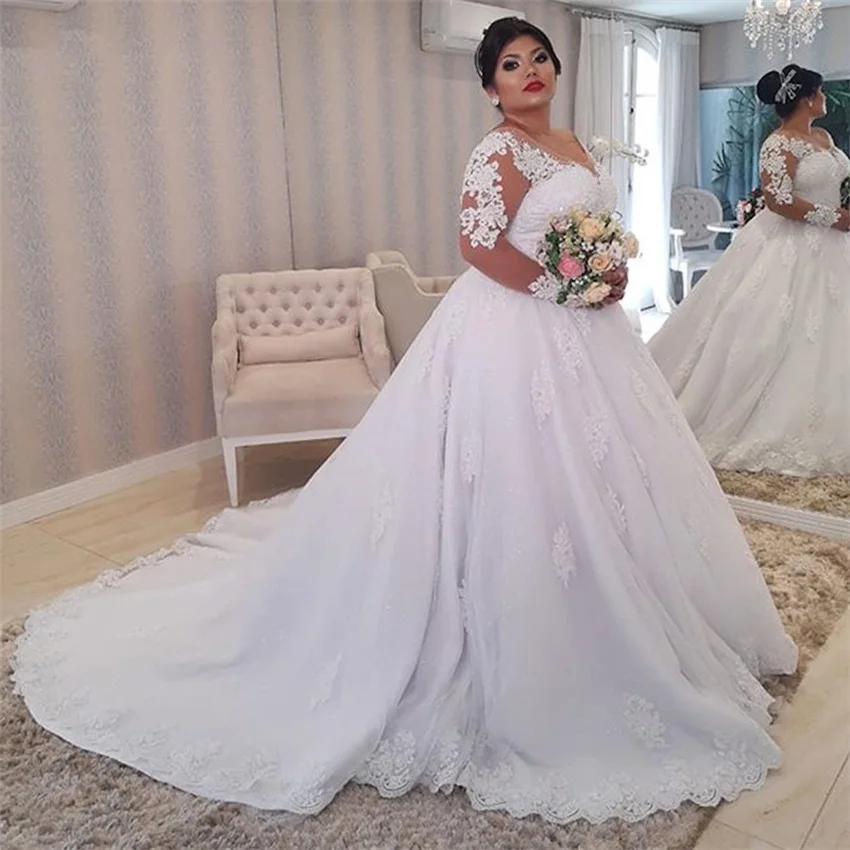 

vestido de casamento Wedding Dress Plus Size Illusion Long Sleeve Pearls Beading Appliques White Bridal Gowns vestido de noiva