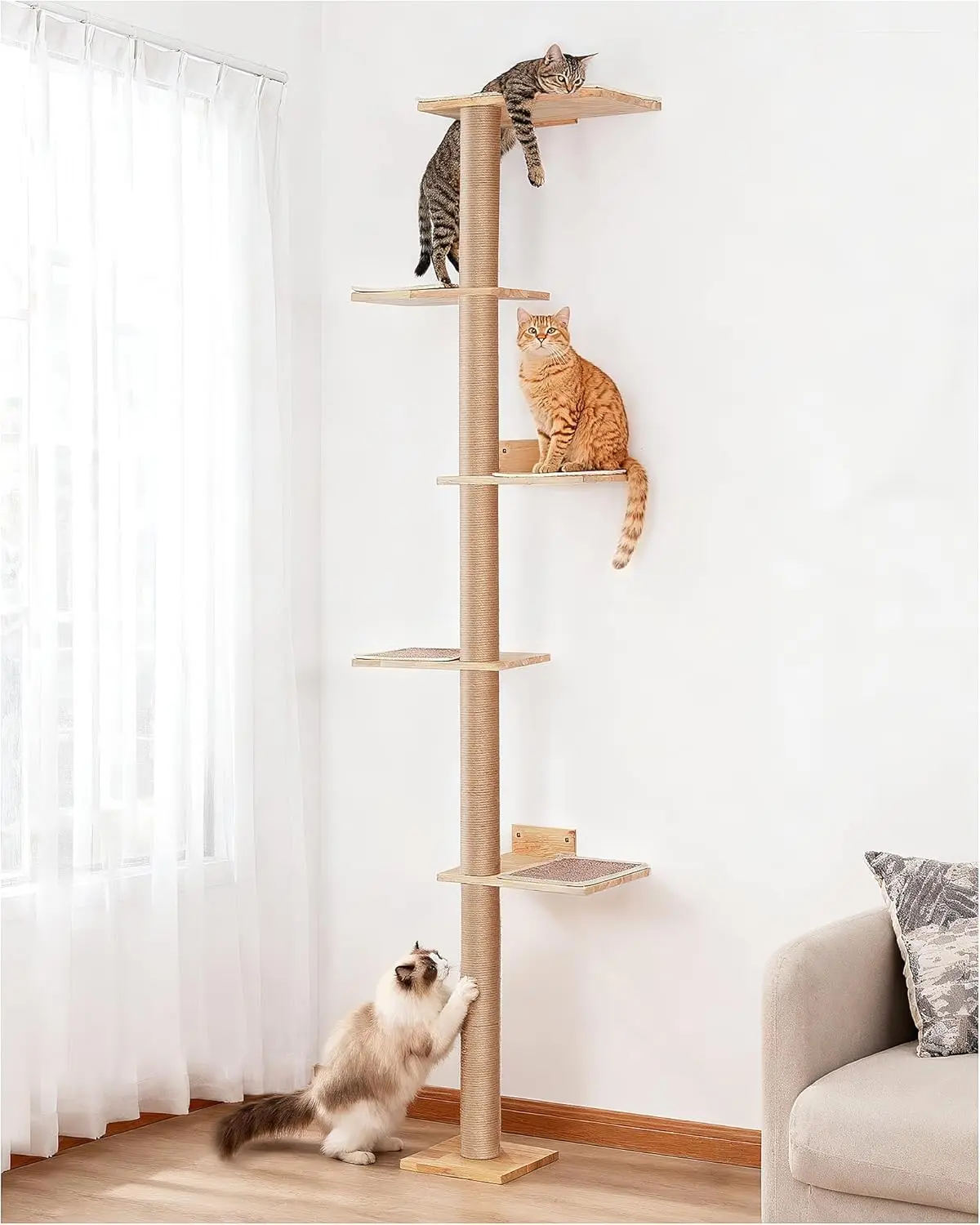 80″ Tall Floor-to-Ceiling Cat Tree – Wall-Mounted Tower with 15.8″ Top Perch for Large Cats