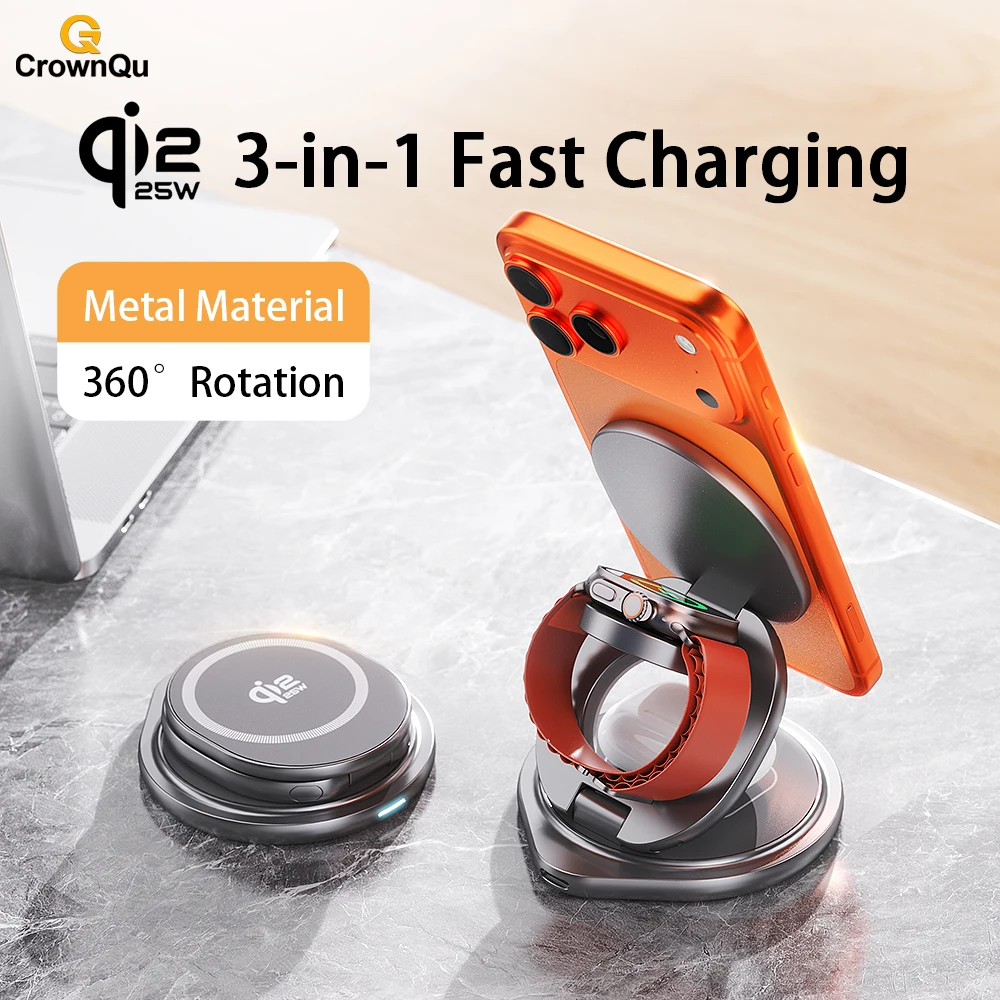 Tragbares 25-W-Metall-Wireless-Ladegerät Qi2.2 Schnelle Ladestation mit Ständer 360 °   Drehbare Halterung für iPhone 17 16 15 14 Pro Max, Watch und Airpods