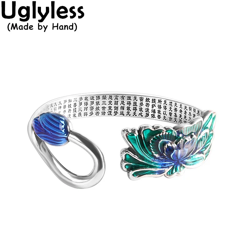 

Uglyless Real 999 Pure Silver Unusual Enamel Flower Bangles Women Buddhism Heart Sutra Jewelry Lotus Bangle Asymmetrical Bijoux