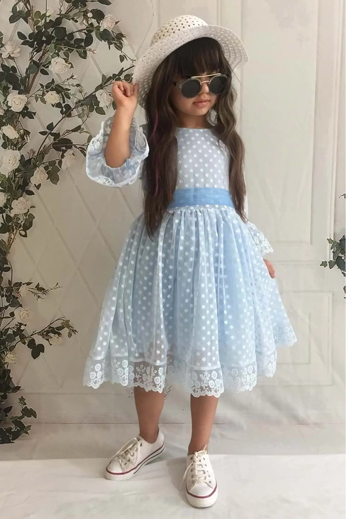 

Lacy Girl Children's Dress Polyester Blue Lace/Mesh/Mesh Clothing with Cream Hat
