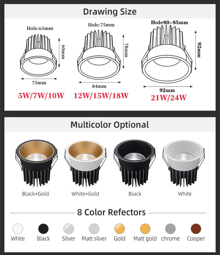 Anti-glare LED COB Spotlight 12W 15W 18W Dimmable Recessed Downlight 7W 10W 60&deg; All Aluminum 2200K 2700K 3500K Interior lighting