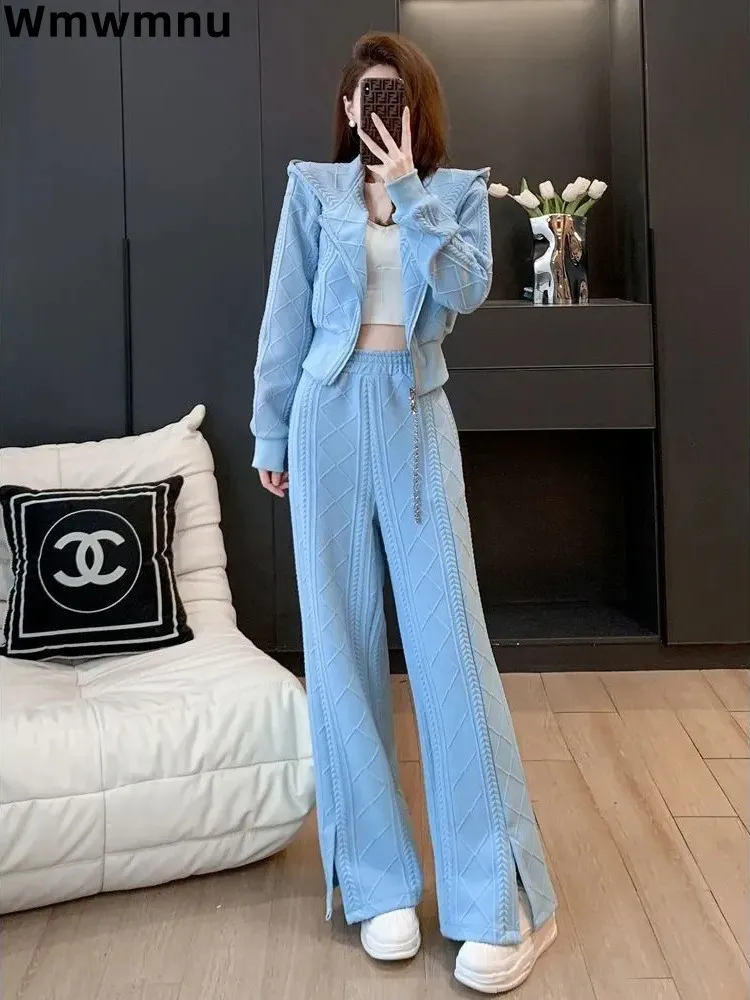 

Spring Fall Hood Two Piece Set Casual Baggy Women Single Button Tops Conjuntos Korean Wide Leg Pants Ensembles New 2023