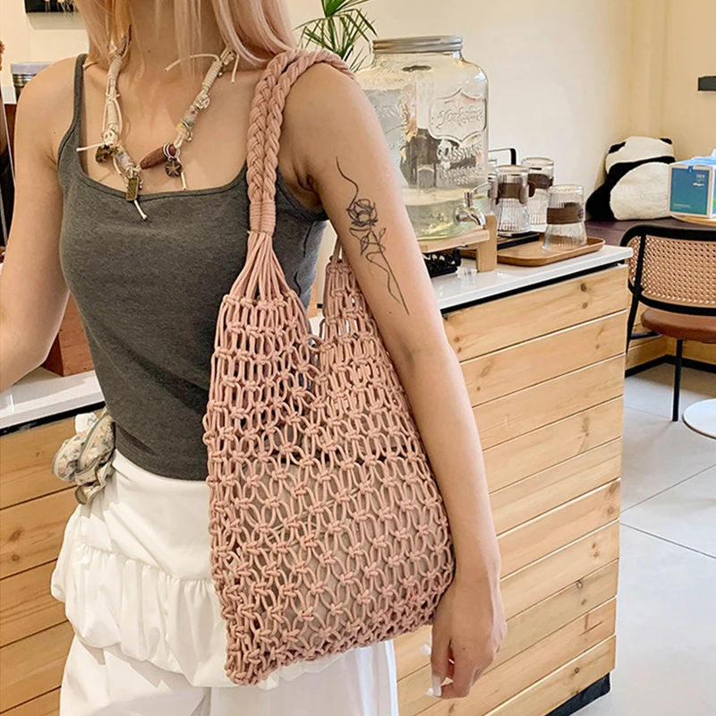 Summer Fashion Crochet Straw Handbag Bohemian Boho Woven Knit Shoulder Bag Aesthetic Raffia Beach Tote for Women