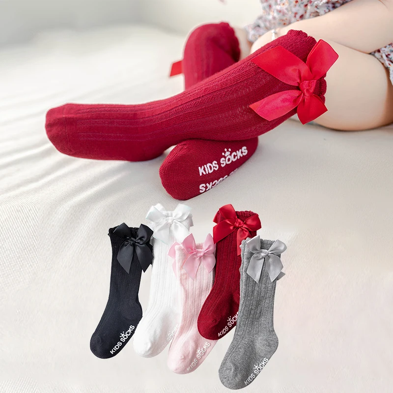 Udobuy4 Pairs Baby Girls Socks Knee High Socks Cotton Bows Knee High Long Socks for Baby Girl Toddler Kids