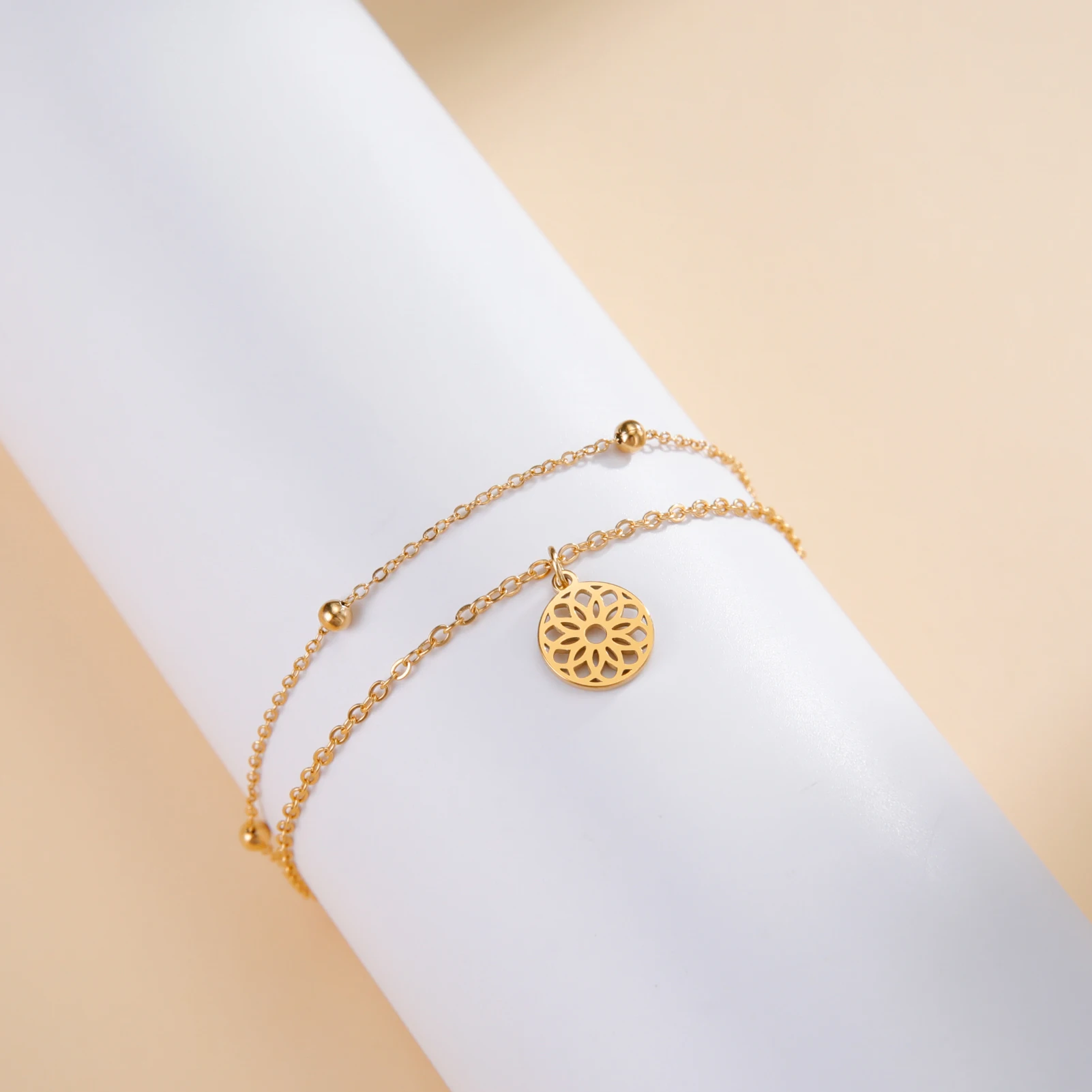 Kkjoy Mode Edelstahl Persönlichkeit hohl kleine Chrysantheme Anhänger Fußkettchen für Frauen Schmuck Accessoires Geschenk Großhandel – Detail 7