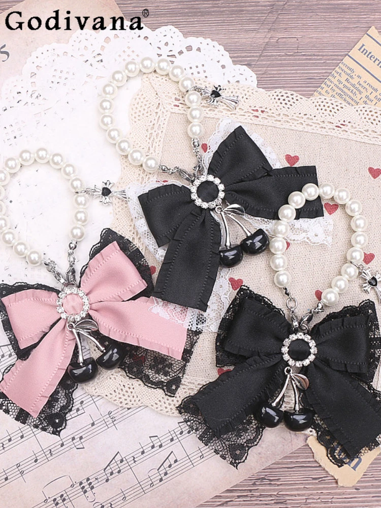 

Sweet Cute Japanese Lace Diamonds Bow Women's Accessories Fashion Beautiful Cherry Decoration Stringed Pearls Handbag Pendant