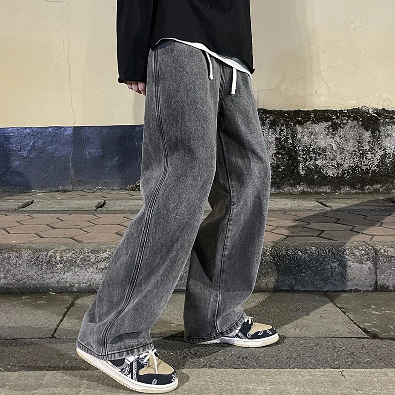 Autumn Men's Jeans Korean Version Student Loose Casual Pants High Street Straight Wide Legs Denim Pants Fashion Baggy Trousers 4