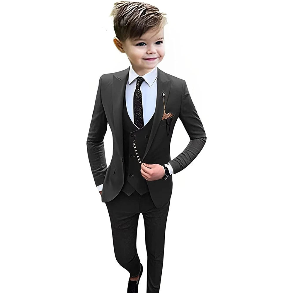 Solid Boy Wedding Suit Kid's Single Breasted Suits Blazer Vest Pants Peak Lapel Elegant Outfit Tuxedo Set 2 to 18 Years Old