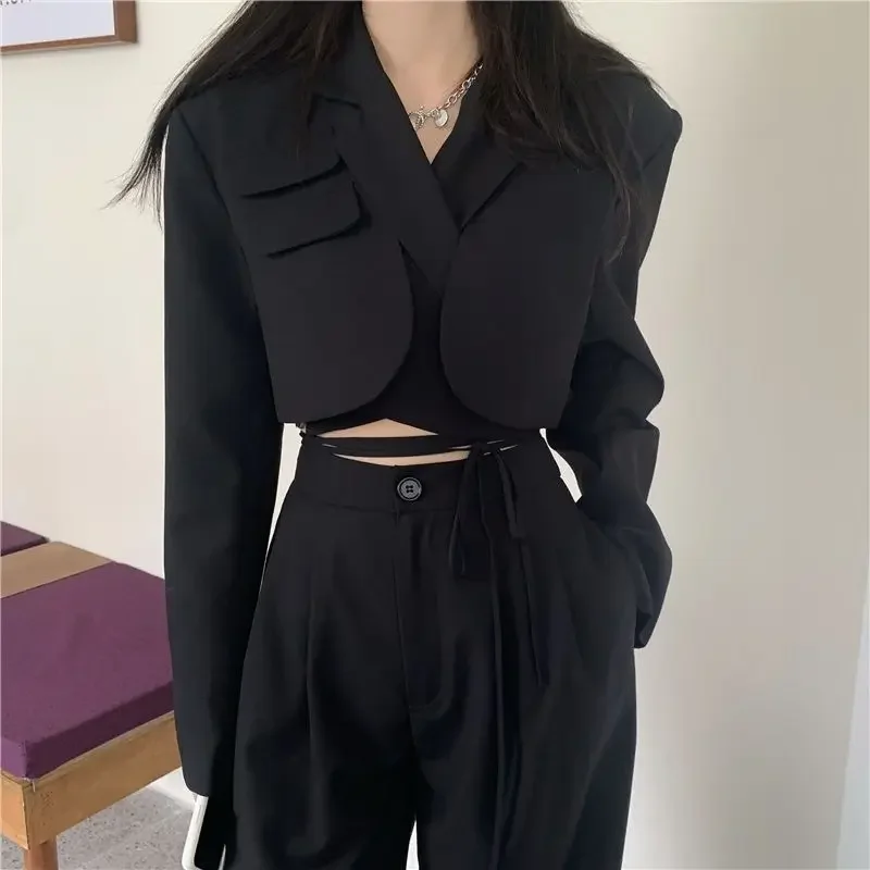 

Midriff-baring Suit Jacket with Loose Fit Pants Two Pieces Set for Women Autumn 2023 Ensemble Pantalon Femme Chic Et Élégante