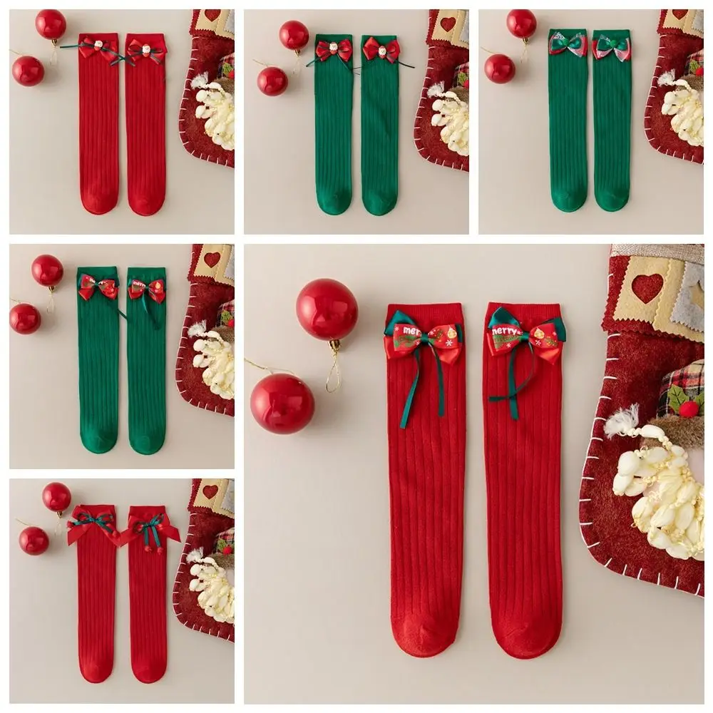 Casual Middle Tube New Year Red Socks Cotton Thicken Bow Hosiery for Kids Green Sweet Children Long Socks Autumn