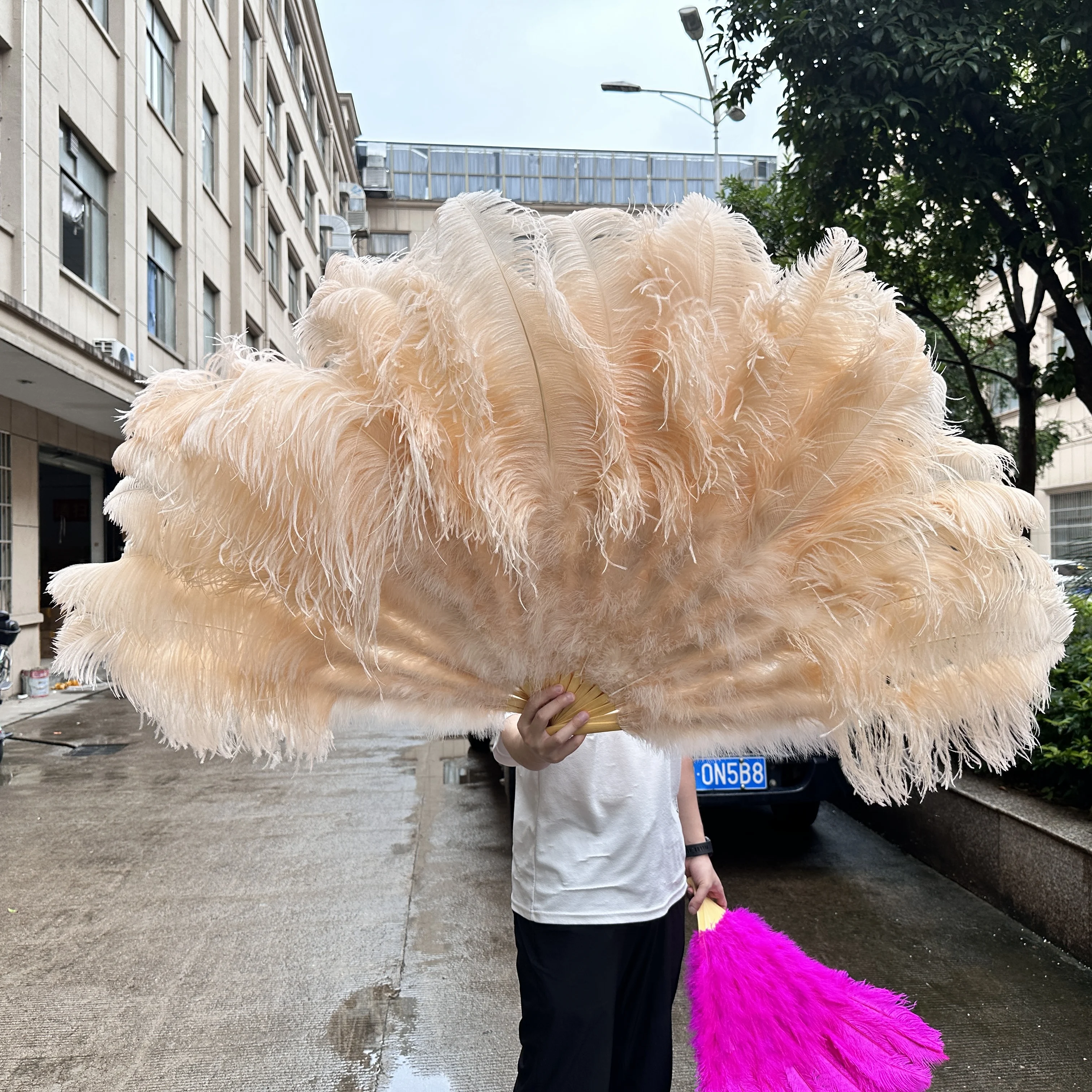 1 2PCS Champagne Big Ostrich Feather Fan For 13 Bone Hand Held Folding 1-2pcs-champagne-big-ostrich-feather-fan-for-13-bone-hand-held-folding