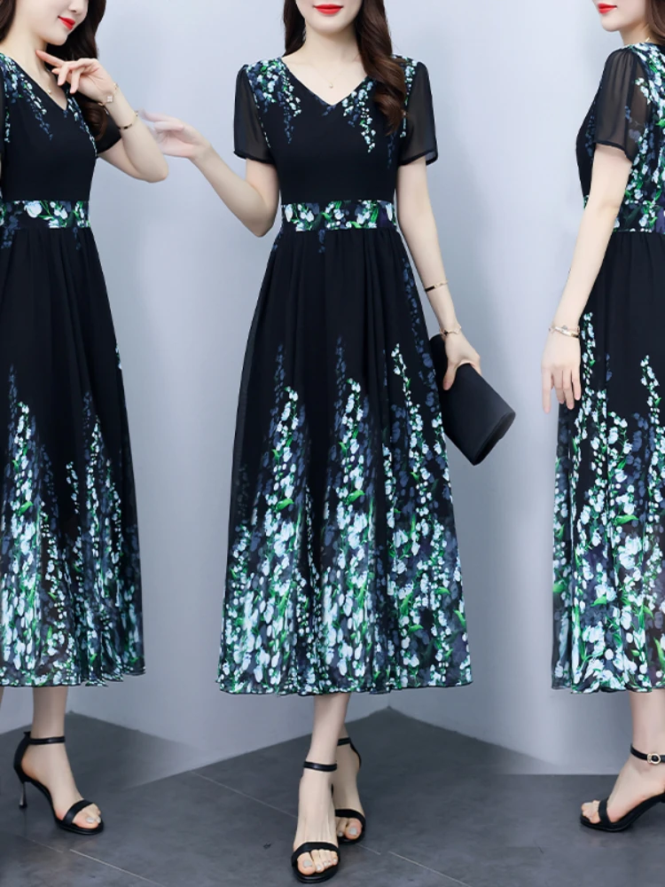 

Женское винтажное шифоновое платье, длинное повседневное черное платье трапециевидной формы с коротким рукавом и принтом, лето