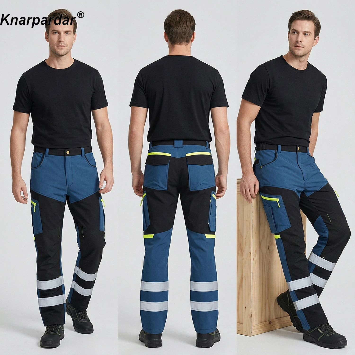 남성용 투톤 블루 블랙 카고 팬츠, 다용도 포켓과 고시인성 테이프가 있는 내구성 작업복 바지
