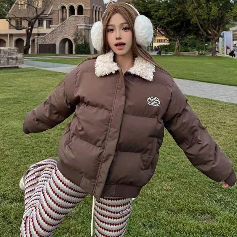 Lambswool Turn Down Collar Short Parkas Women American Retro Long Sleeve Cotton Padded Jackets Woman Thicken Warm Cropped Parkas