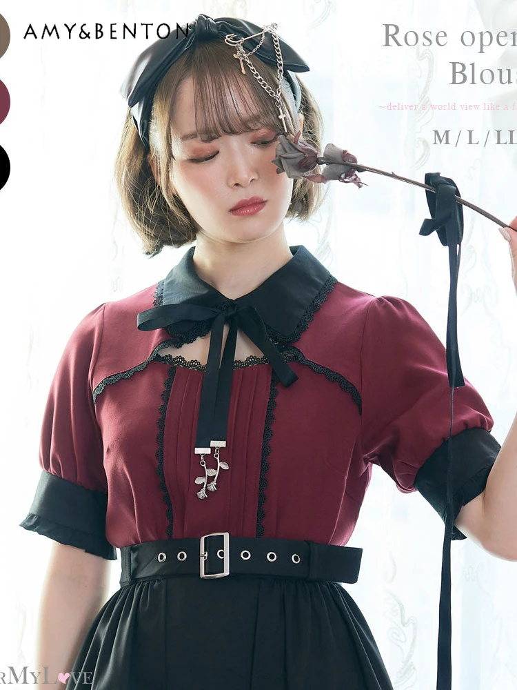 

Summer New Japanese Mine Sweet Doll Collar Bow Short Sleeve Blouse Women Kawaii Rose Lace-up Cut Out Shirts Lolita Cute Camisas