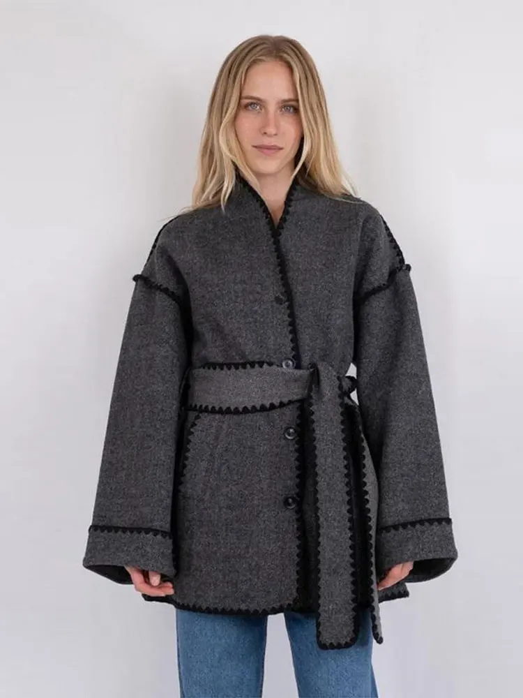 

Women Fashion Patchwork Overcoat With Belt Long Sleeve V-neck Single Breasted Jacket 2023 Autumn Winter Chic Warm Female Outwear