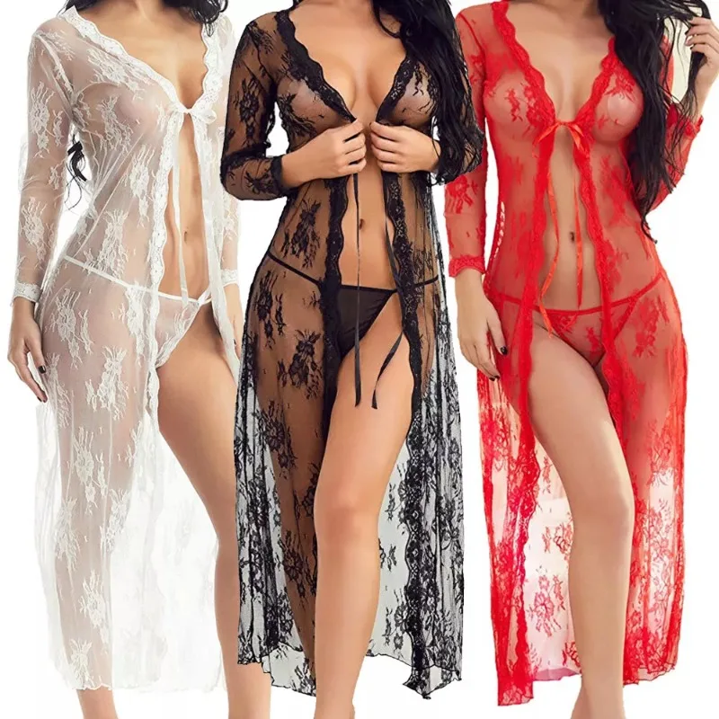 Tornova Sexy Lace Mesh Transparent Robe Nightgown Women See-Through Lace Printing Deep V-Neck Home Ultrathin Nightgown women sleepwear sleepwear pajamas