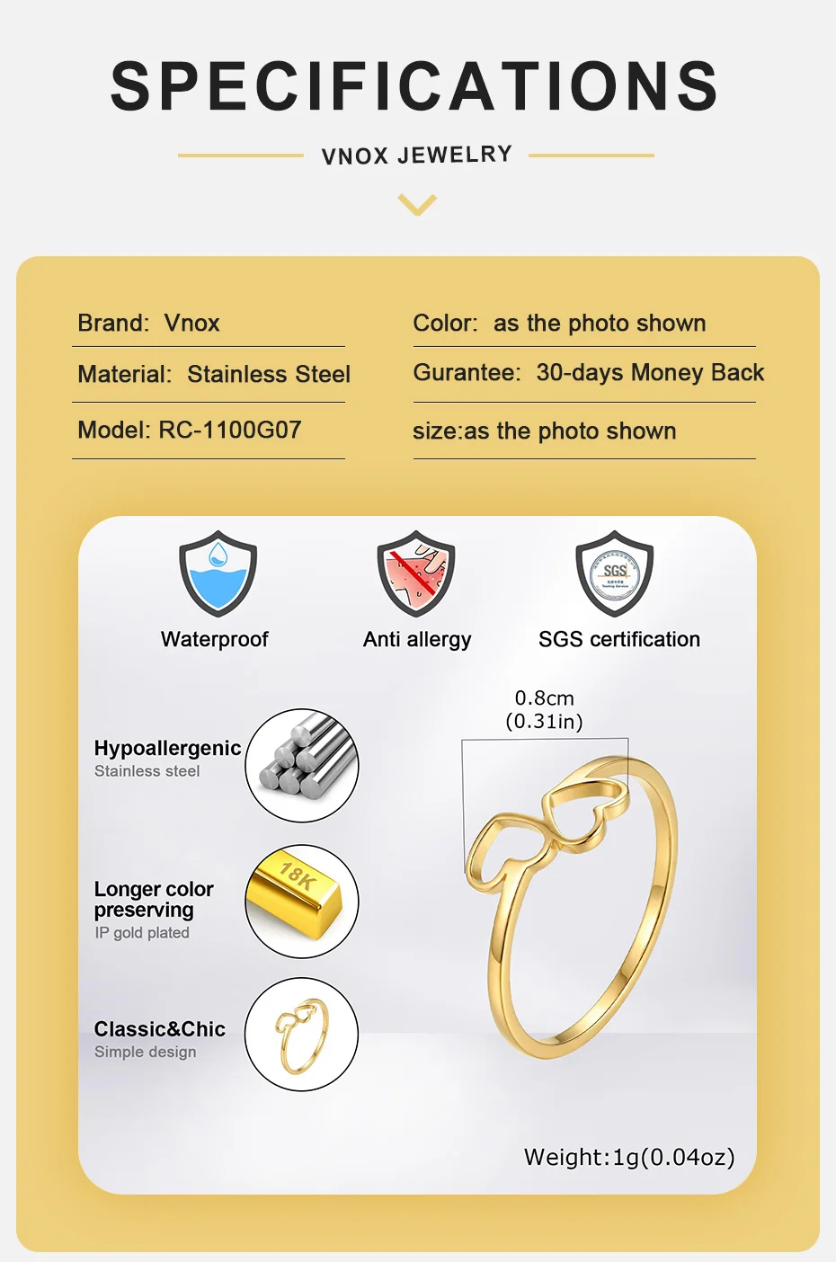 Vnox Edelstahl Vergoldeter Doppelherz-Hohlring für Frauen, Romantische Herzringe Verlobungs- und Hochzeitsschmuck Geschenke – Detail 2
