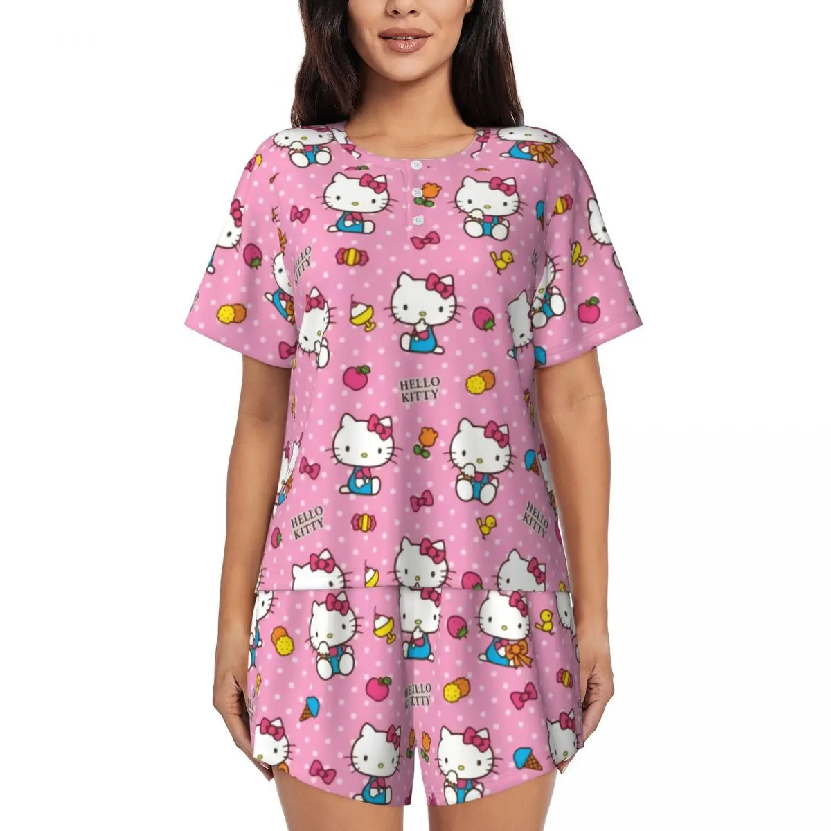 

Комплект пижамный женский из 2 предметов, аниме Hello Kitty с розовым бантом и шортами с коротким рукавом, одежда для сна