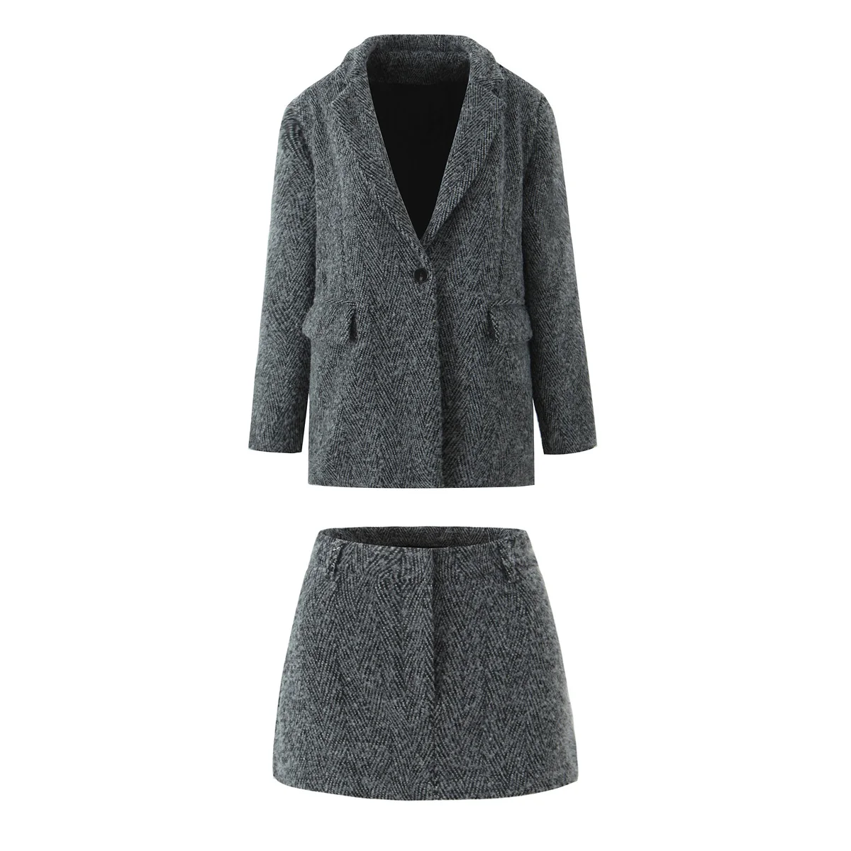 2 Pieces 1 Set CHILL Notched Tweed Weave Oversized Blazer High Waist Package Hips A-line Mini Skirt Suits Matching Gray