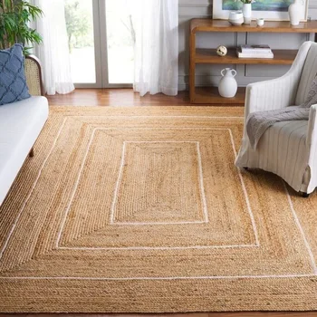 Natural Jute Rug White Stripes Rectangular Rural Style Farmhouse Large Carpet