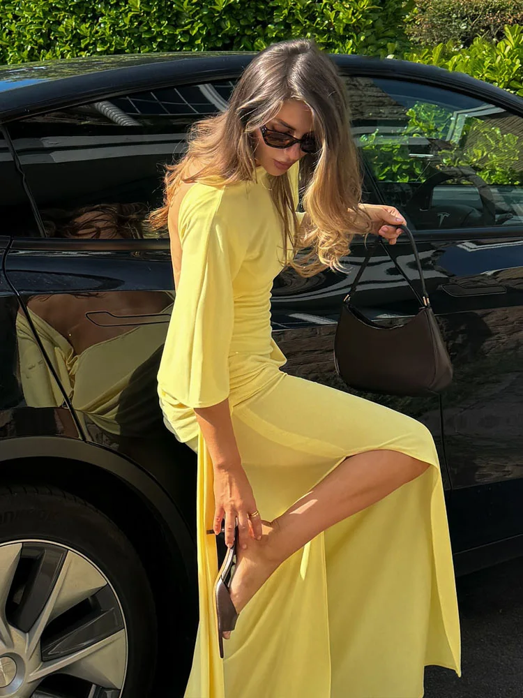 HH femmes nouvelle mode à manches courtes Sexy dos nu couches décoration jaune mince longue robe femme été plage robe de soirée
