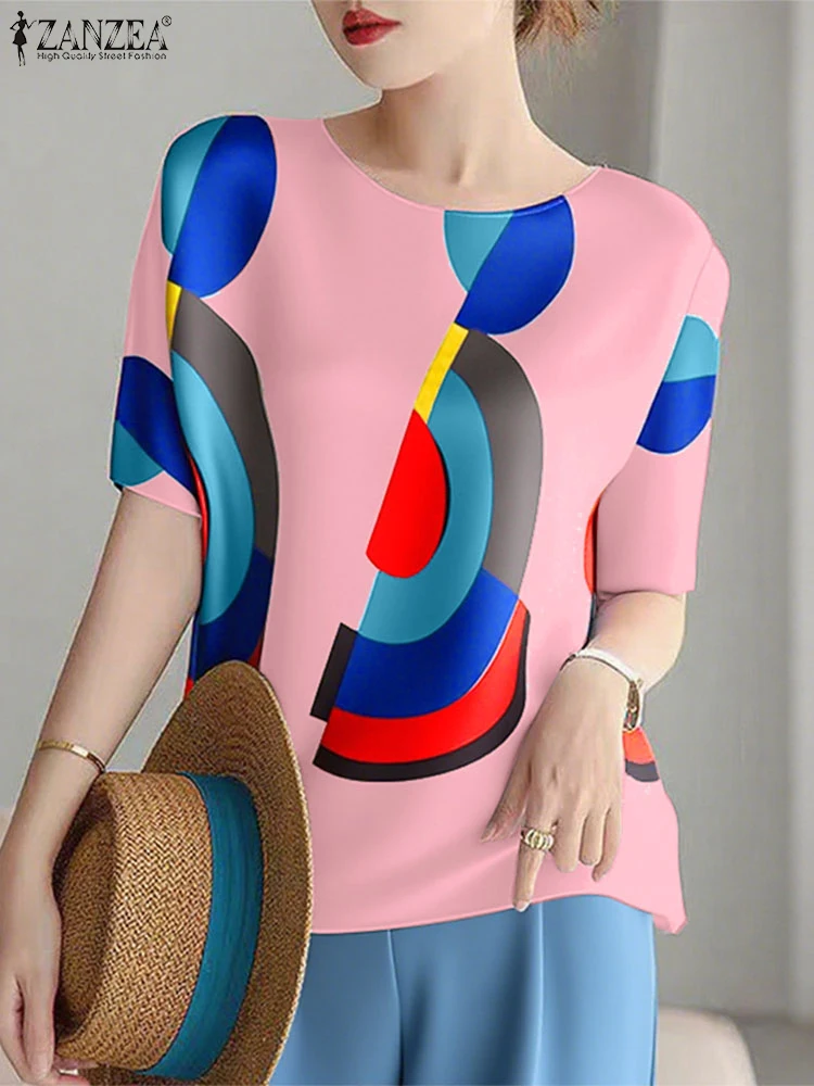 Women Geometry Printing Short Sleeve Elegant Blouse