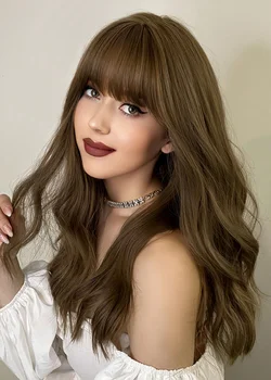 Long Wavy Wig Light Brown Synthetic Wigs with Bangs Natural Hair for Women Cosplay Lolita Daily Use Heat Resistant Wigs 52