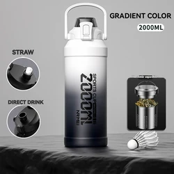 Insulated Stainless Steel Water Bottle with Straw and Handle - Large Capacity Flask - 2.0L (2000ML BLACK WHITE)