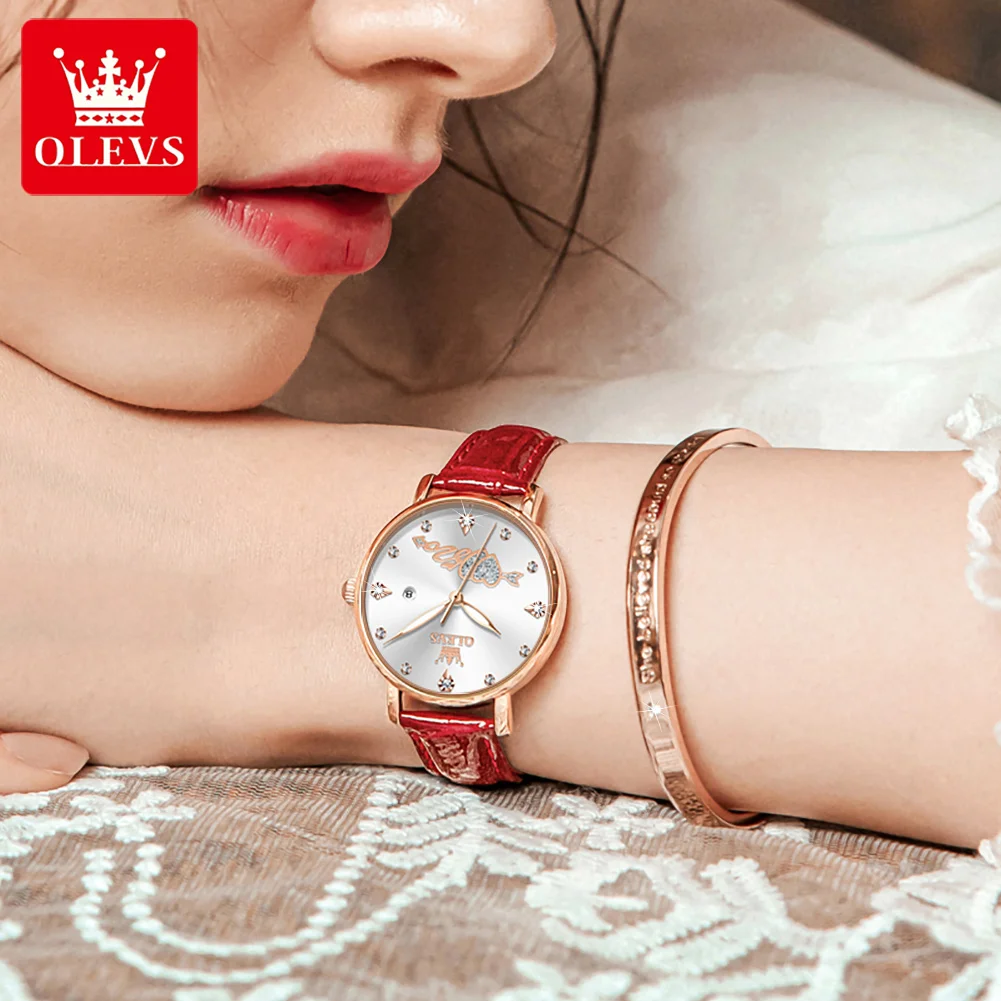OLEVS Fashion Watch for Women Leather Strap Women's Watches Date Stainless Steel Dial Waterproof Elegant Ladies Dress Wristwatch