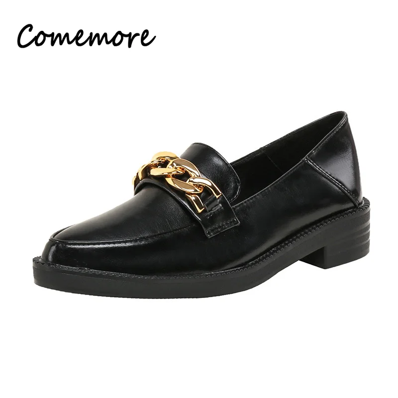 Comemore Plus Size 42 Oxford Shoes Woman Loafers Leather Flats Chains Sneakers Trend Girls Lolita Medium Heels Flats Spring